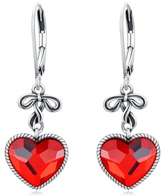 Rote Herz Ohrringe 925 Sterling Silber Vintage Schleife Leverback Ohrhänger mit Rubin Herz Kristall Geburtstagsschmuck Geschenke für Frauen