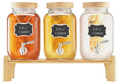 VEVOR Distributeur de Boissons Capacité de 3,8 L 3PCs, Fontaine à Eau en Verre, Distribution d’Eau Jus Limonade Thé Glacé, avec Support en Bois, Robinet et Infuseur, pour Restaurant Café Hôtel Fête
