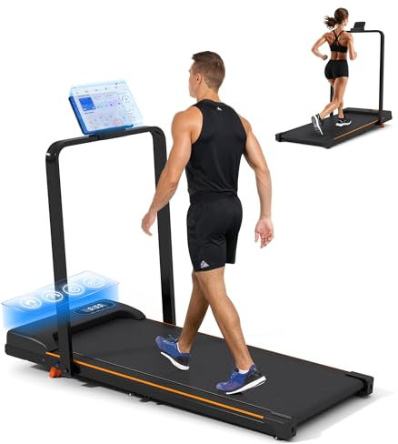 Folding Treadmill with Handrail & Adjustable Incline, 2 in 1 Foldable Walking Pad Treadmills for Home Office, 1-10KM/H Low Noise Walking Running Machine with Remote Control, LED Display, Phone Holder