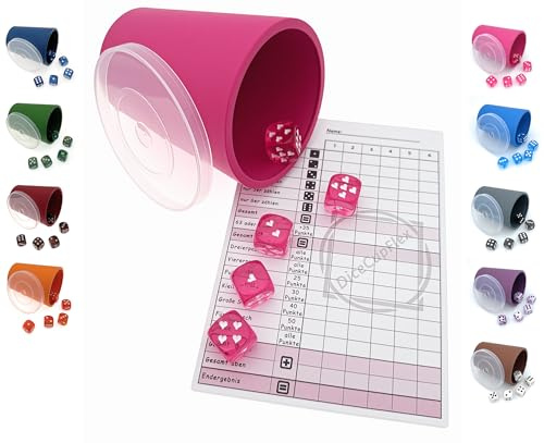 DiceCupFlex - Flexibler Würfelbecher mit Deckel inkl. 5 Würfel und Würfelblock, Spielblock - Made in Germany (Pink Herz)