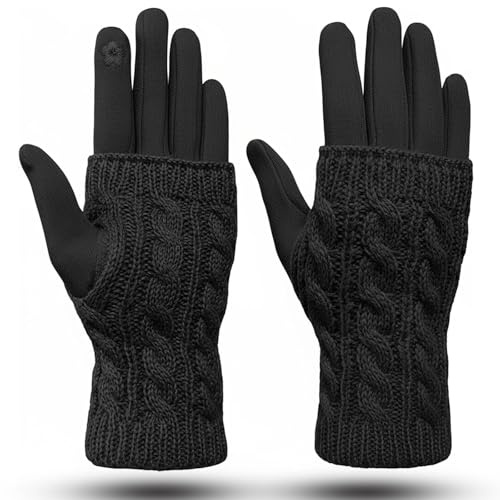 Gmphix Thermo Handschuhe Damen, Stoff Touchscreen Handschuhe Schwarz, Winter Handschuhe Damen Warm mit Abnehmbaren Strickstulpen, Winterhandschuhe Touchscreen Fingerhandschuhe FüR Autofahren Radfahren