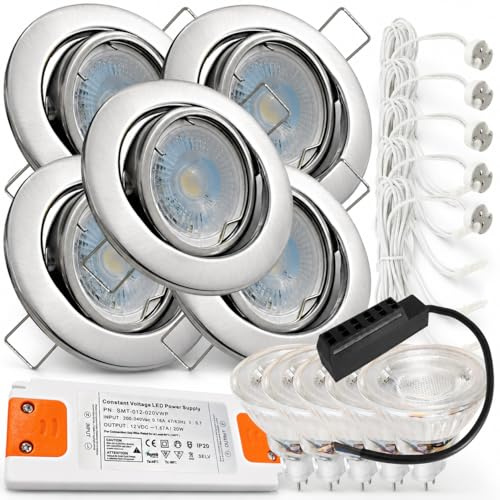 LED Einbaustrahler Set 12V schwenkbar – 5er Set mit je 120 cm Kabel & AMP-Stecksystem – 3W MR16 Spot inkl. Trafo, IP20, 250 Lumen, 55 mm Einbautiefe – LED Deckenstrahler für Wohnbereiche, Küche & Flur