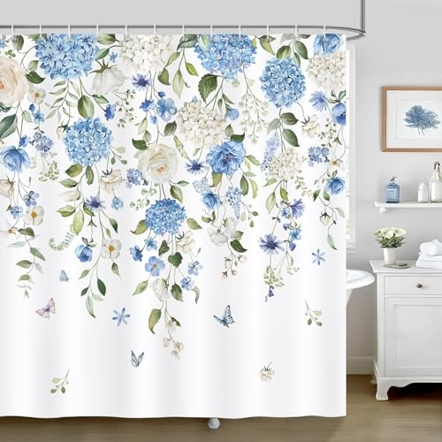 Bonhause Duschdraperi Blå Blomma Hortensia Blommor Polyester Duschdraperier Vattentät Mögel Tvättbara Badrumsgardiner 180 x 180 cm med 12 Krokar