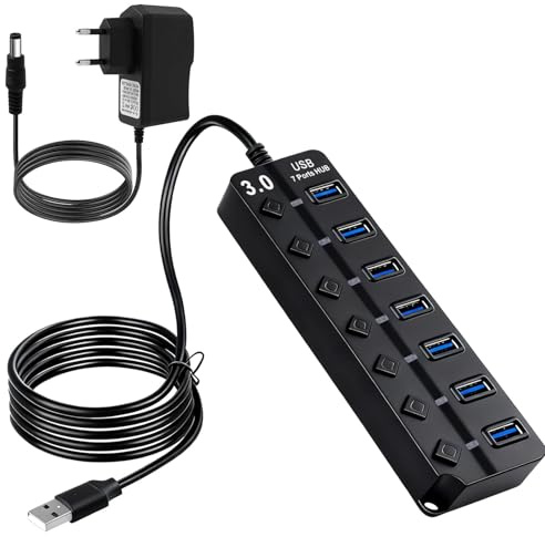 Hub USB 3.0 7 Porte con interruttori indipendenti e LED, hub USB 3.0 per PC, laptop, Mac, Windows, Linux, cavo da 1,2 m