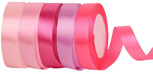 5 Rollen Geschenkband Rosa, 2cm*22m Satinband Pink Ribbon | Rosa Schleife Ideal Für Schleifen Und Verpackungen, Seidenband Für Weihnachtsgeschenke Geschenke Und Dekoration