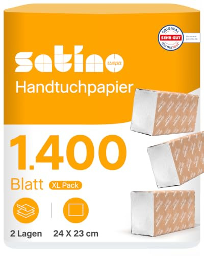 1.400 Papierhandtücher 2 lagig - Probierpaket von Satino - V-Falz - 24x23cm (gefaltet: 24 x 11,5 cm) - saugstark & fusselfrei - Handtuchpapier aus Recyclingpapier - Papiertücher für PT3, PT4