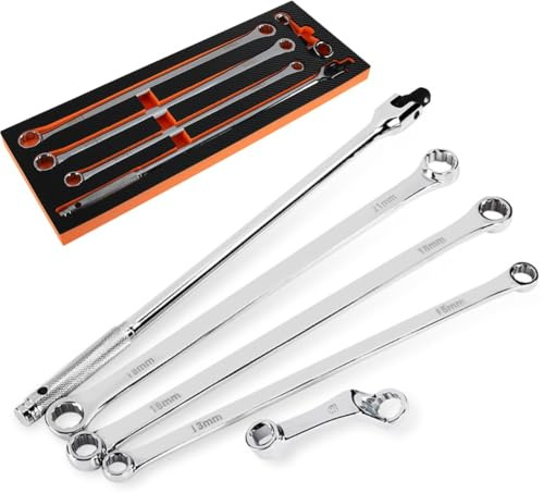 MoSundi Extra langes Doppelendschlüssel-Set, 13–21 mm, 5 Stück, metrischer Ringschlüssel, wärmebehandelter Chrom-Vanadium-Stahl, hohes Drehmoment für den Automobileinsatz