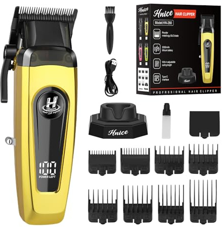 Hnice Professional Hair Clippers for Men 11500 RPM Barber Clippers Cordless with LED Display, 2000mAh Battery 150 Mins Runtime, DLC Blade, Charging Base & 8 Guide Combs Haircut Kit,HN-280