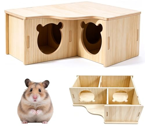 Maylatte Kleines 3-Kammern Hamsterhaus aus Holz, L-förmiger Hamsterversteck mit Abnehmbarem Dach für Syrische Hamster, Gerbils, Mäuse, Einfache Steckmontage