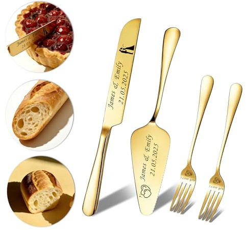 Personalisiertes Tortenheber Set mit Tortenmesser Gravur Edelstahl Kuchenheber als Hochzeitsgeschenk Muttertagsgeschenk oder Vatertagsgeschenk (Gold)
