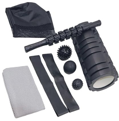 Set completo di accessori per yoga: rullo in schiuma, bastone da massaggio, fascia di resistenza per recupero muscolare e set di bastoncini da massaggio