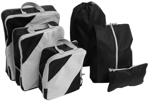 CLISPEED Cubos de Embalaje y Organización de Maletas para Viaje en Poliéster Juego de 6 Negro, Resistentes a Manchas, Fáciles de Usar, Ideales para Viajes de Negocios