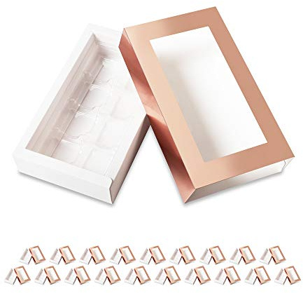 BAKIPACK 20 rotgoldene Trüffelboxen, Schokoladenbox-Verpackung, Süßigkeitenschachteln mit 8-teiligen Kunststofftablett (Tablettgröße mit 14x7 cm, ausziehbare Verpackung mit transparenten Fensterhüllen