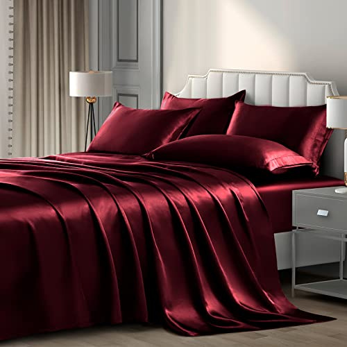 P Pothuiny 6-Piece King Satin Sheet Set Burgundy Silky Sheets