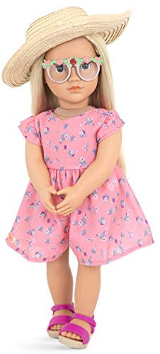 Our Generation - Puppe Dahlia mit geblümtem Jumpsuit, Sonnenhut, Brille, Blonde Haare, braune Schlafaugen, beweglich, 46cm - ab 3 Jahren - 45361