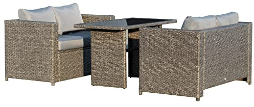 Outsunny Set 3 Pezzi Mobili da Giardino con 2 Divani con Cuscini e 1 Tavolo in Rattan PE, Salotto da Esterno Grigio-Nero