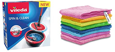 Vileda Spin & Clean Balai Laveur, Noir et Rouge, Seau Rond et Compact & Colors Lavettes Microfibres dépoussiérantes et dégraissantes - 8 pièces