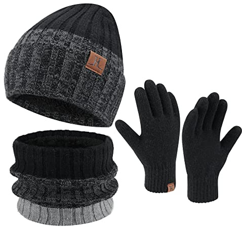 Bonnet d'hiver pour homme Avec doublure en polaire - Écharpe tubulaire - Gants d'hiver tactiles - Bonnet tricoté - Cadeau de Noël pour homme