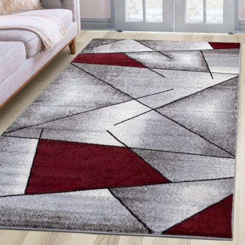 oKu-Tex Teppich Wohnzimmerteppich [60x110 cm] weicher Kurzflor grau rot - Roter Teppich für das Wohnzimmer - Carpet Living Room - Modernes geometrisches Design - Deutsche Marke