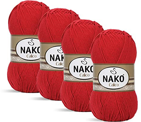 Nako Calico, Baumwoll-Strickgarn (4 Knäuel) je Knäuel (Knäuel) 100 g, Sie können es zum Stricken von Schal, Kleid, Strickjacke, Pullover, Amigurumi, Bikini, Tischset, Schal verwenden (rot 2209)