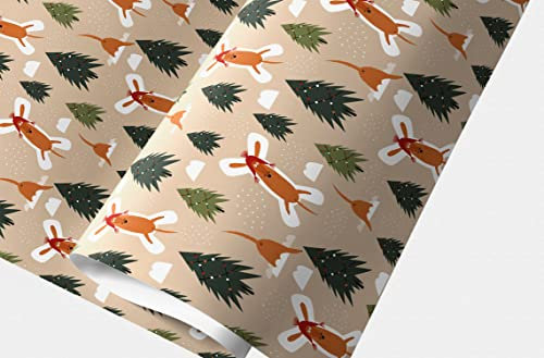 Komisches Hunde Weihnachtspapier Set: Fröhliches Geschenkpapier mit Weihnachts Hund im Schnee Dekorpapier, Musterpapier zum Einpacken von liebevollen Geschenken, beige, Format: 32 x 48cm, 4 Bogen