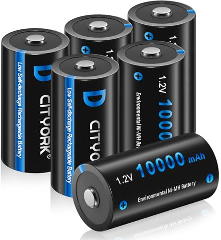 CITYORK Batterie ricaricabili Ni-MH D da 10000 mAh, 1,2 V, ad alta capacità, perfette per l'uso quotidiano e il lavoro, custodia per batteria inclusa, confezione da 6