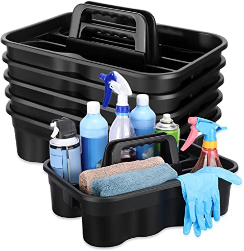 Wesiti 6 Pcs Cleaning Caddy with Handle Large Plastic Housekeeping Shower Basket Cleaning Supplies Organizer for Spray Bottles Brush Home Bathroom Office(Black)