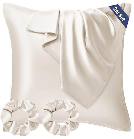 Seiwohl Satin Kissenbezug 80x80 2er Set, Weich wie Seidenkissenbezug Silk Pillowcase, Vegane Seide Kopfkissenbezug Kissenhülle Seidenkopfkissen für Haar und Haut mit Haargummis, Beige