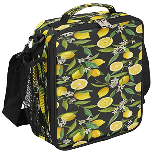 Lonchera con diseño de hojas de árbol de limón, lonchera negra con aislamiento, bolsa térmica con correa de hombro ajustable extraíble para mujeres y hombres, oficina, picnic