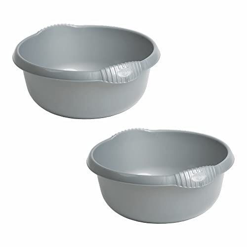 (Set Of 2) - 36cm Round Bowl Silver Colour Washing up Bowl Sink Basin For Kitchen Cleaning Organisation, 10L Capacity - Made In UK