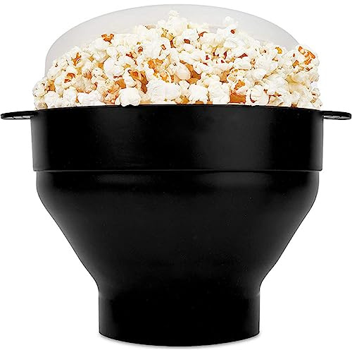 TINGJUNN Microwave Silicone Popcorn Maker Popcorn Bowl Silicone Popcorn Maker with Lid and Handle BPA Free Dishwasher Safe (Black)