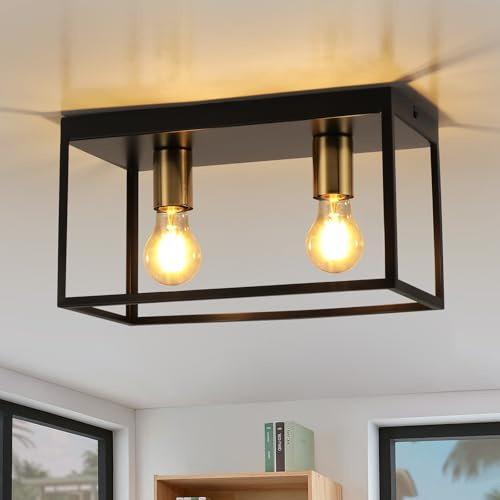 FORCOSO Deckenleuchte Schwarz, 2-Flammig Industrial, Modern E27 Mit Käfig, LED Metall für Wohnzimmer Schlafzimmer Küche Flur Treppenhaus Max. 60W - Ohne Glühbirne