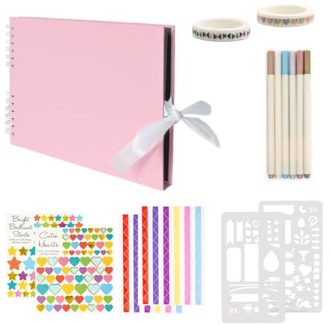 Intirilife Fotoalbum zum selbst gestalten in Rosa - 30.5 x 21.5 x 1.8 cm - Fotobuch mit Spiralbindung 80 schwarze Seiten DIY mit Stiften Stickern Schablonen, Geschenk Hochzeit