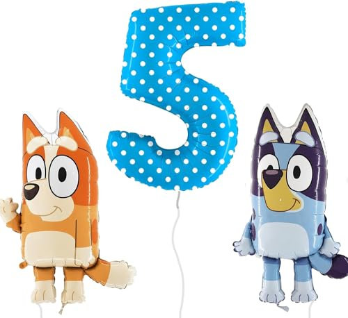 Toyland® Bluey & Bingo Folienballon-Set – 2 x 32-Zoll-Charakterballons und 1 x 40-Zoll-Zahlenballon – Partydekorationen für Kinder