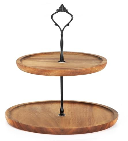 E-ROOM TREND Alzata per Torte per in Legno Cupcake Torta a 2 Livelli Grande Supporto per tè Pomeridiano con Manico in Metallo per Compleanno Matrimonio Anniversario Esposizione Frutta (MDP02L)