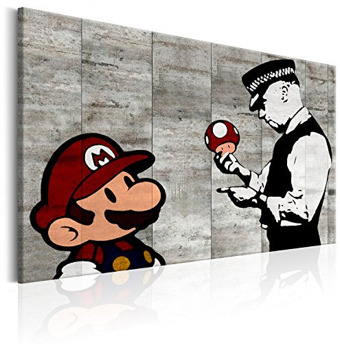 murando - Akustikbild Banksy Super Mario Mushroom Cop Bilder Akustikschaum Hochleistungsschallabsorber Schallschutz Leinwand 1 tlg Wandbild Raumakustik Schalldämmung Street Art