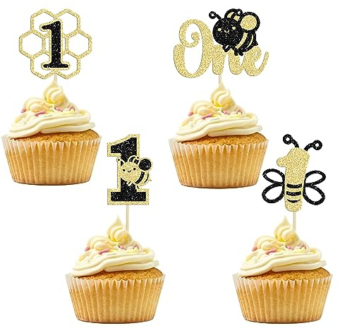 Gyufise Bee One Cupcake-Aufsätze, Schwarz / Gold, Glitzer, Waben, Nummer 1, Bienen-Cupcake-Picks, Kuchendekoration für Hummel, Babyparty, Jungen und Mädchen, 1 Stück, 24 Stück