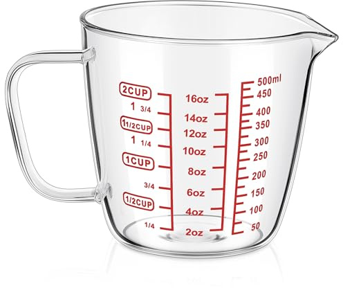 Baderke Left Handed Glass Measuring Cup 2 Cup Clear 16 oz Measuring Beaker with Handle and V Shaped Spout 500 ml for Kitchen, Restaurant, Liquid, Easy to Read, Red Measurements