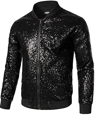 JOGAL - Giacca da uomo metallizzata con paillettes anni 70, bomber da baseball, per discoteca, nightclub, feste, costume, Nero , L