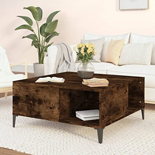 AUVYI Couchtisch Räuchereiche 80x80x36,5 cm Holzwerkstoff&Metall Sidebord Center Table Beistelltisch Salontisch Wohnzimmertisch Kaffeetisch Möbel Holz Cautschtisch Coffe Table Wohntisch