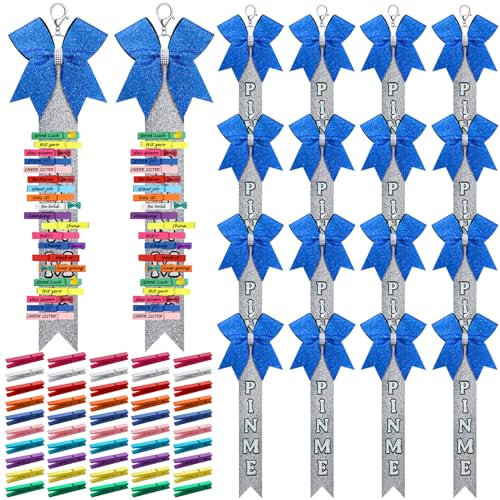 Quelay Pin Me Cheer Ribbon Schlüsselanhänger mit Schleife, Strass, Cheerleader-Schlüsselanhänger, Pin Me Schleife, Schlüsselband mit 100 farbigen Wäscheklammern für Mädchen, Cheerleading,