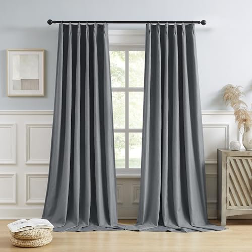 DUALIFE Anthrazitgraue Verdunkelungsvorhänge mit Quetschfalten, 250 cm lang, 2 Paneele, Rücklasche mit Haken für Schlafzimmer, wärmeisoliert, für Flur, Villa, 40 W x 102 L
