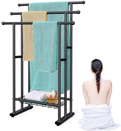 Handtuchständer Freistehend 3 Stangen, Badezimmer Handtuchhalter mit Ablage Stehend Stabil Schwarz Handtuchstangen aus Metall für Badetücher Kleidung Decken Zeitungen, Platzsparend (Schwarz)