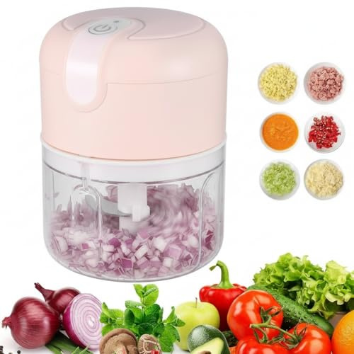Zwiebel Zerkleinerer Elektrisch, 250ml Mini Zwiebelschneider Elektrisch Knoblauchschneider mit 3 Edelstahl Klingen, USB Aufladung Multizerkleinerer für Chili Gemüse Nüsse Obst Fleisch
