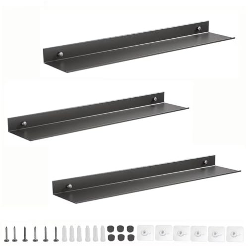 RETYOVE Wandregal,Grau 50cm Bohren und Ohne Bohren Regal Wand 3er-Set Aluminium Schweberegal Wandmontage für Wohnzimmer Schlafzimmer Küche Badezimmer