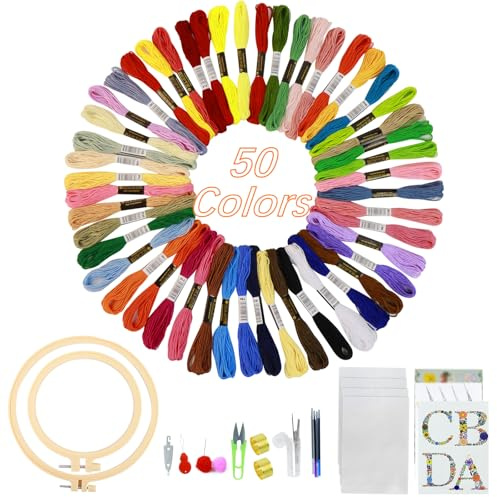 xiruiubao Kit da ricamo per principianti, kit di ricamo per principianti, set da ricamo per adulti, set da ricamo con 50 colori, 2 telai da ricamo, strumenti per punto croce, 4 fogli di carta di