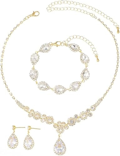 FDEETY Schmuck Set Tropfen Zirkonia Kupfer Schmuckset 3 Pcs Armbänder Ohrringe Halskette ideal für Bräute, besondere Anlässe und elegante Abendkleide（Golden）