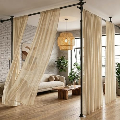 FoundGo Raumteiler Paraventgestell Gardinenstange [B 280 x H 317 cm] Verstellbare Raumtrenner Sichtschutz ohne Vorhänge für Wohnzimmer Schlafzimmer inkl. Deutschsprachiger Anleitung