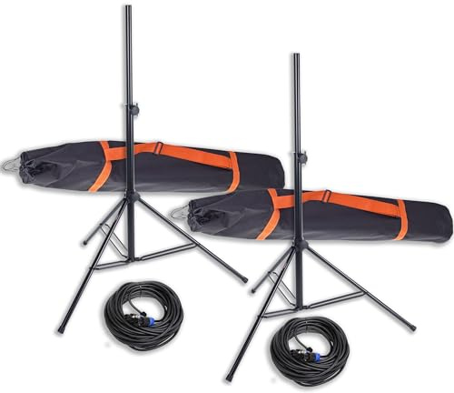 MUSIC STORE Boxenständer-Set, Stahl, Höhenverstellbar, Belastbarkeit 40kg, inkl. Stativtasche, 2 Stative, 1 Tasche, 2 Kabel