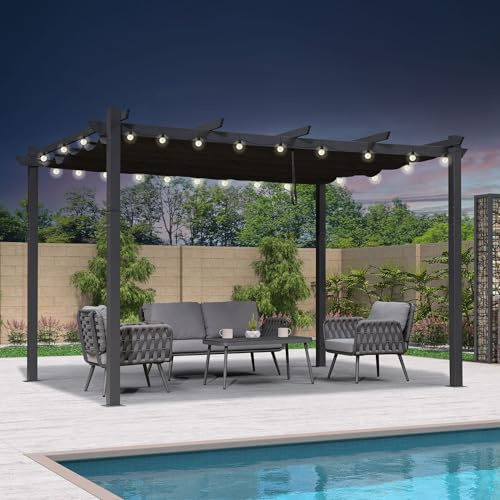 PURPLE LEAF Pergola Aluminium 4 x 3,2 m avec Éclairage Extérieur LED Intégré, Pergola Jardin Exterieur avec Toit Rétractable, Tissu teinté dans la Masse, Tonnelle Aluminium Structure Résistante, Gris